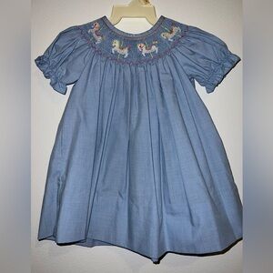 Blue Gingham Smocked Dress with Carousel Horse Embroidery